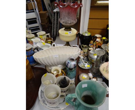 Vintage yellow and red glass oil lamp together with a parcel of various china jugs and mugs etc including Ewenny