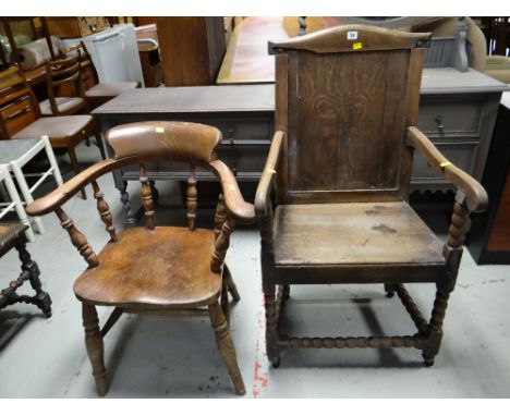 A vintage wooden elbow desk-chair and an earlier wooden farmhouse chair with bobbin supports