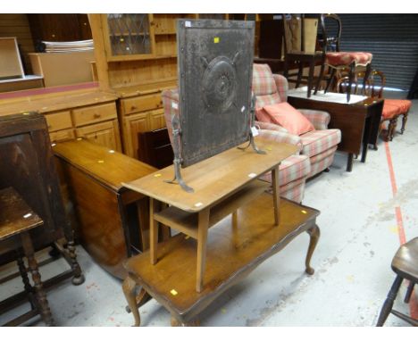 An Arts & Crafts-style firescreen and two Long John coffee tables