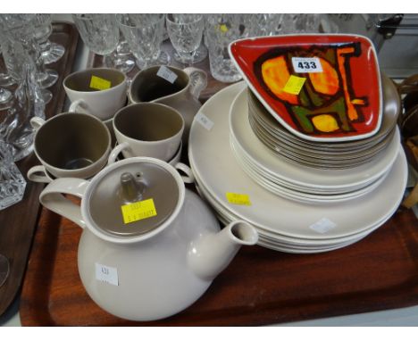A Poole mushroom coloured two-tone breakfast set and a Poole England abstract dish