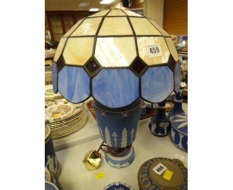 A blue Wedgwood Jasperware table lamp base with Tiffany-style shade Condition report: The lamp is all good, couldn’t see a ma