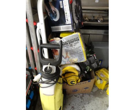 A parcel of cleaning tools including jet wash, wallpaper stripper, car buffering items etc