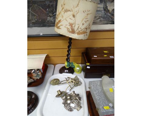 A barley-twist table lamp with shade, pair of brass candle sconces etc