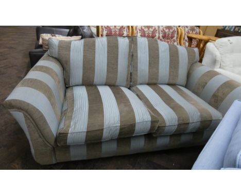 A duck egg blue and taupe striped two seater sofa 