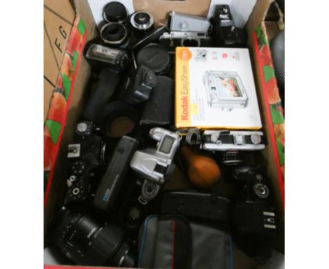 A large box of cameras and camera accessories etc 
