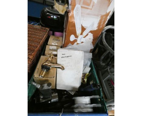 Three boxes of 24 precision masking tapes, a set of gold taps, ceiling fan light, 3 air tools, packs of galvanized nails etc 