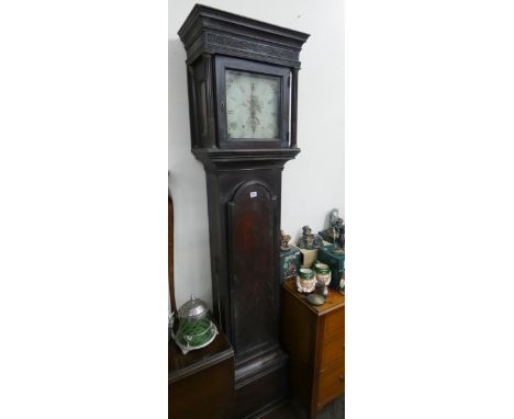 An antique mahogany long cased clock with painted 30 hour dial   Clock does not appear to be running. case will need some res