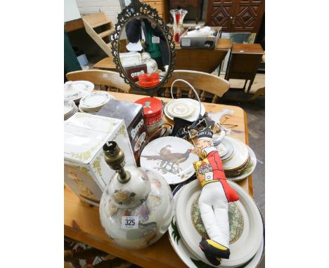 A dressing mirror, assorted plates, table lamp, store tins and other sundries 