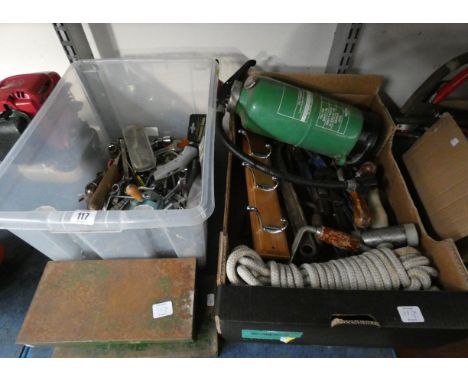 Three large boxes of hand tools, two smaller metal boxes, nuts and bolts etc 