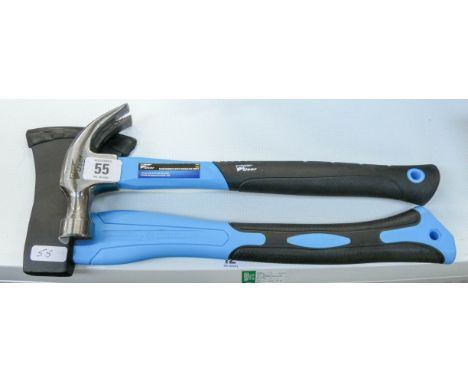 A new professional quality claw hammer and a small axe 