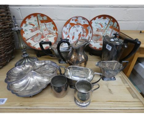 Three Kutani plates and a quantity of silver plated wares 
