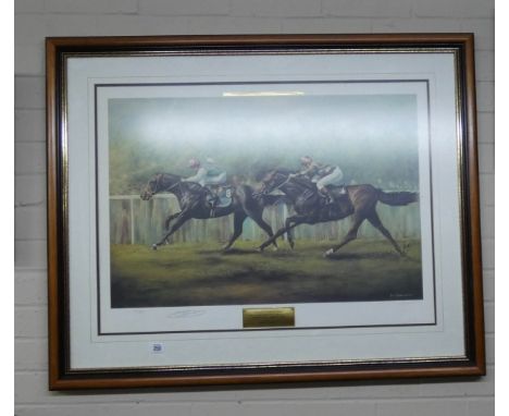 A framed coloured print of Pat Eddery riding Dancing Brave by Max Brandrett