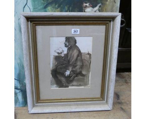 A pair of unframed paintings of hunting scenes and a framed print of an old man 
