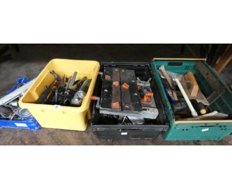 Four large boxes of old tools, casters etc 