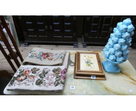 Two tapestry wall hangings, a floral decorated key cabinet and a blue fruit cluster ornament 