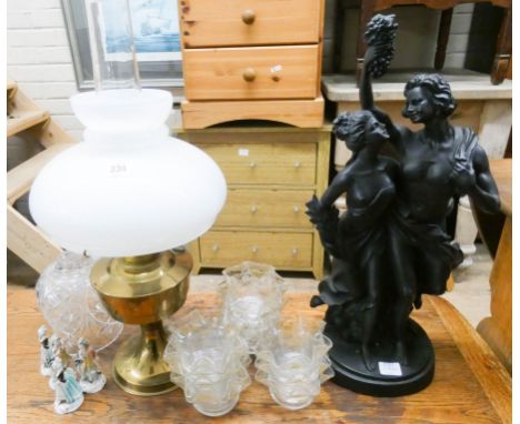 A brass oil lamp with shade, a black figure ornament, glass fruit bowls etc 