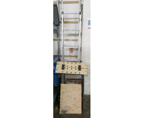 A multi-purpose ladder, two step wooden step up and a Workmate 