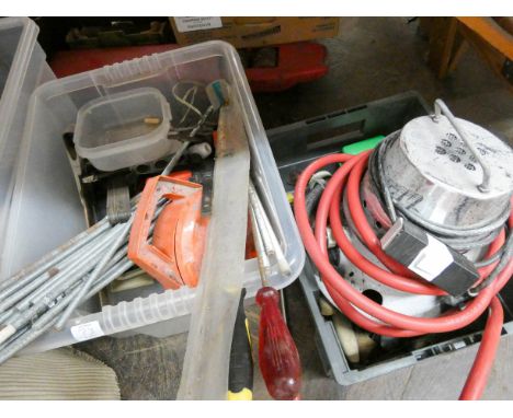 Four large boxes of nuts, bolts, tools, large sprayer, quantity of 2' long threaded bars etc 