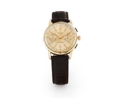 CaunyWinding mechanical movement with chronograph function (Landeron 248). Yellow gold plated with stainless steel back. With