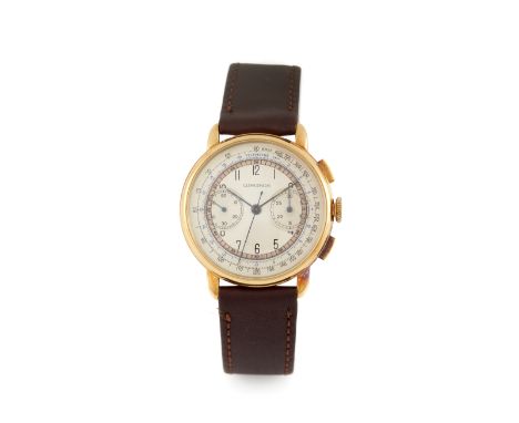 LonginesWinding mechanical movement (cal. 13 ZN) with chronograph function and serial nº 6313384. Yellow gold case (750/000).