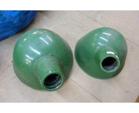 A set of five industrial green enamelled light shades 