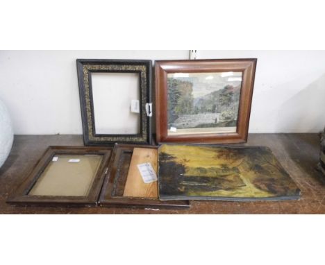 A rural landscape, oil on card, indistinctly signed verso, a print and picture frames 