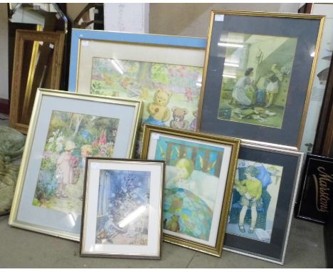 A children's Molly Brett print and five Margaret W. Tarrant prints, framed 