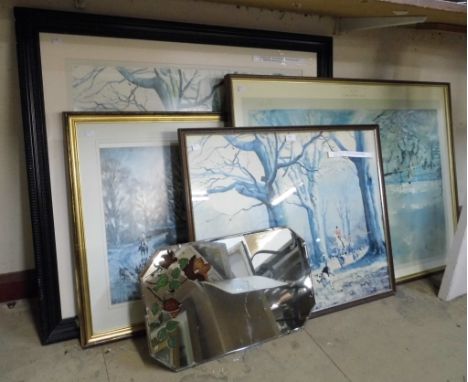 A Donald Grant signed hunting print, a Michael Lyne signed hunting print, two others and a mirror 