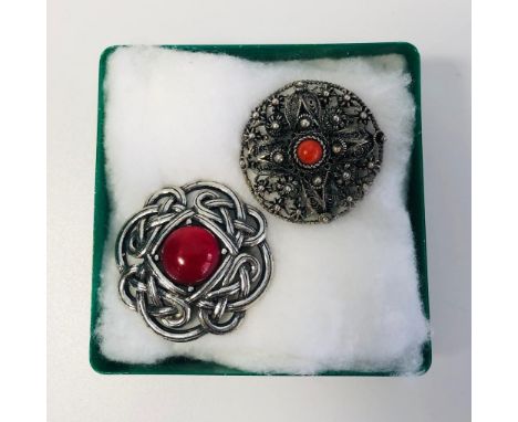 2 Celtic design brooches . . include signed Miracle brooch with centre  gemstone and  vintage  filigree  design brooch. 