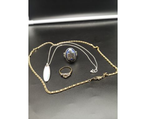 9ct gold scrap gold ring, 18ct plated necklace, silver necklace with chain together with Ornate ring. 