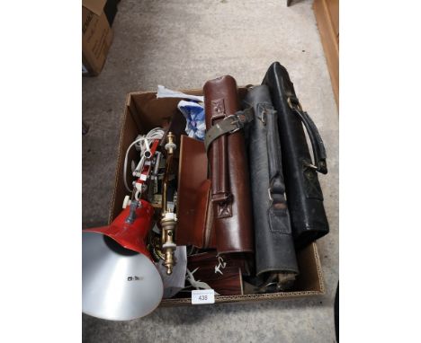Box of vintage cases, angle poiste light etc. 