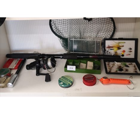 Shelf of fishing tackle, fly box with flies etc. 