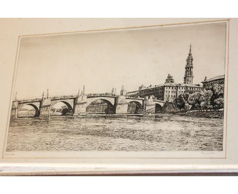 S Tushingham, Ronda, etching, 27cm by 32cm, Francis Dodd, Zaragoza, etching, 24cm by 43cm, and Eugene Bejot, Pont Neuf, Paris