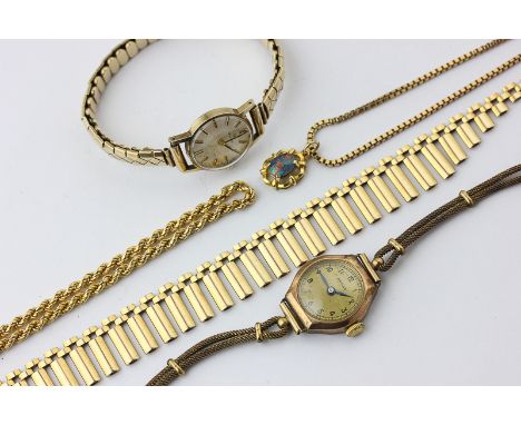 A 9ct gold fringe necklace; a 9ct gold ropetwist necklace; an opal pendant on box link chain and two gold bracelet watches