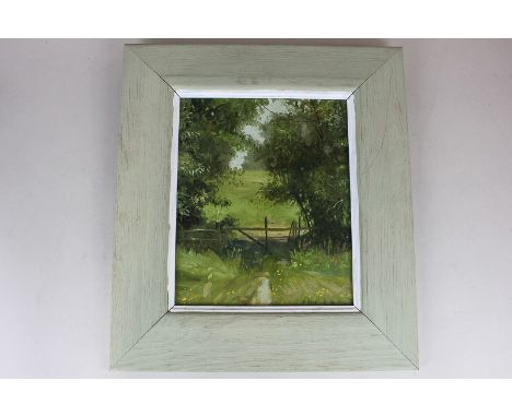 Arthur Easton (20th century), woodland path through fields, inscribed on label 'Through the Broken Gate, Newdigate', oil on b