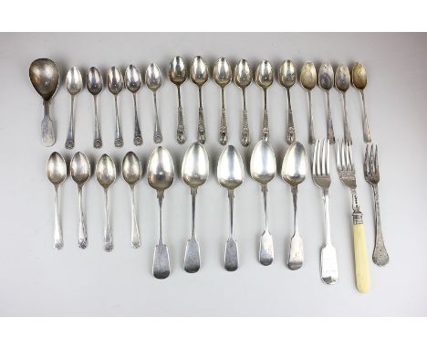 A matched set of five William IV silver fiddle pattern teaspoons, a set of six Victorian teaspoons, other tea and coffee spoo