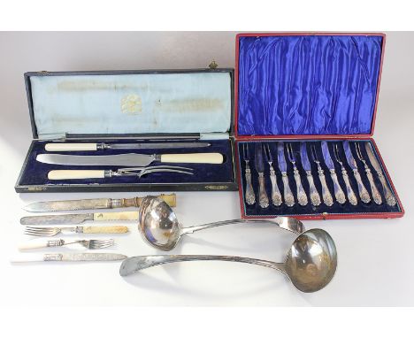 A silver plated cased dessert knife and fork set for six, a mother of pearl handled dessert set for six and a set of six 19th