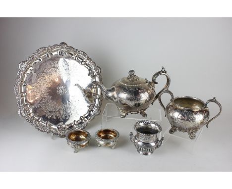 A Victorian silver plated teapot and sugar bowl, circular form with engraved decoration; a plated salver, pair circular salts