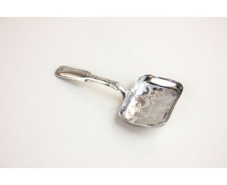 A George III silver caddy spoon with engraved rectangular bowl, hallmarked Birmingham, probably 1819, 7.5cm