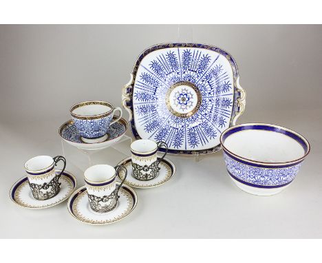 A Caughley porcelain teacup and saucer, a similar Royal Worcester slop bowl and an unmarked sandwich plate, together with thr