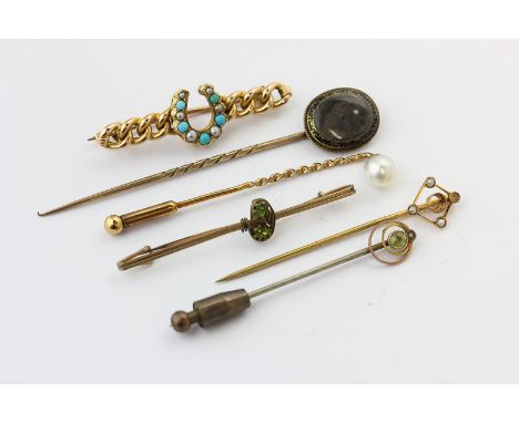 Four various stick pins and two bar brooches