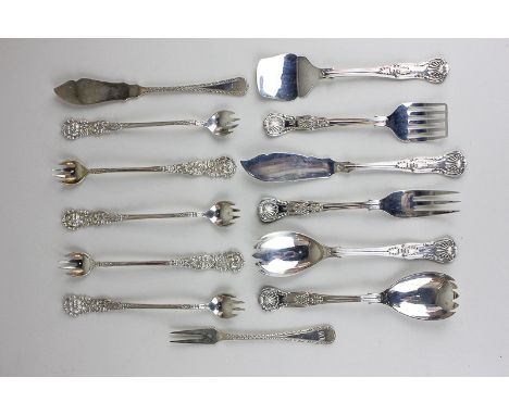 A set of six George V silver Kings pattern servers, makers Atkins Brothers, Sheffield 1933, largest 15cm, initialled, a set o