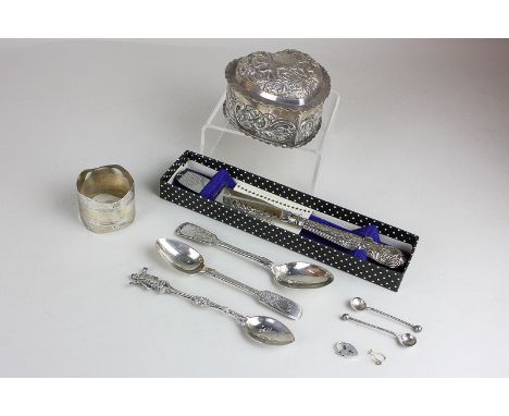 A Victorian silver heart shaped trinket box, an  Edward VII silver napkin ring, a pair of silver salt spoons, a silver handle