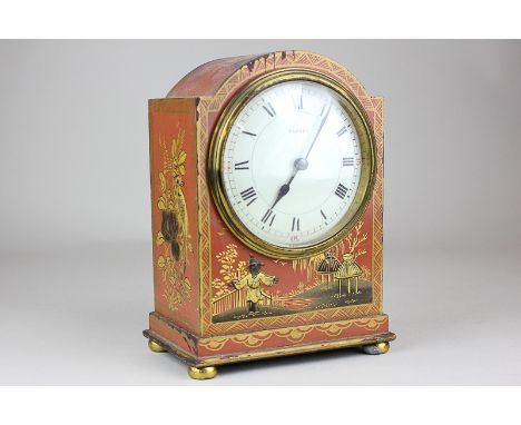 An Asprey red lacquered mantel clock with chinoiserie decoration in gilt and black, 17cm high