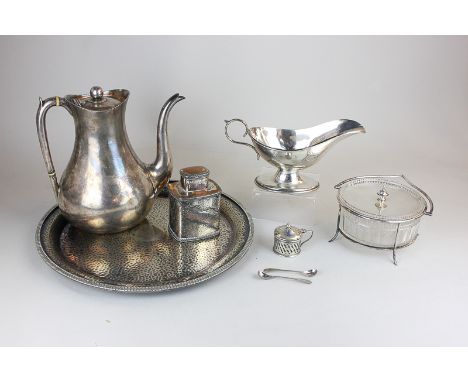 A silver plated coffee pot, sauce boat, tea caddy, tray, preserve pot, mustard and two mustard spoons