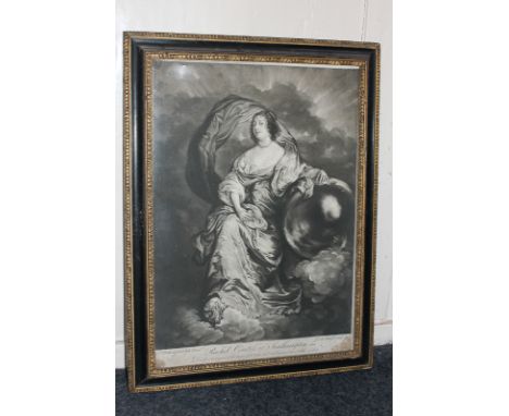 After Sir Anthony Van Dyke, portrait of Rachel, Countess of Southampton, with inscription, print by McArdell, and another aft