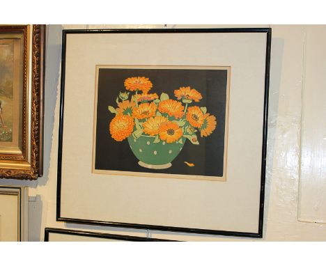 John Hall Thorpe (1874-1947), still life of flowers in a bowl, woodcut print, inscribed in pencil 'Marigolds', signed, 24cm b