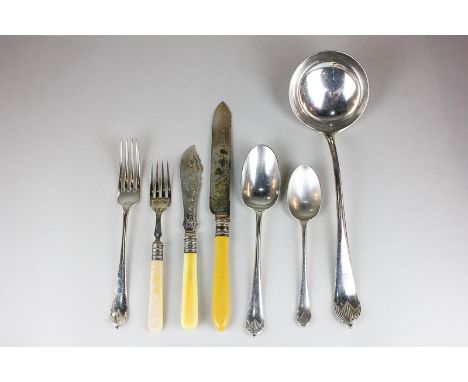 A Mappin & Webb silver plated part canteen comprising six table forks, six dessert spoons, six tablespoons, a sauce ladle and