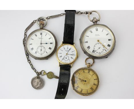 A gentleman's gold plated Rotary watch; an 18ct gold open face pocket watch; and two silver open face pocket watches