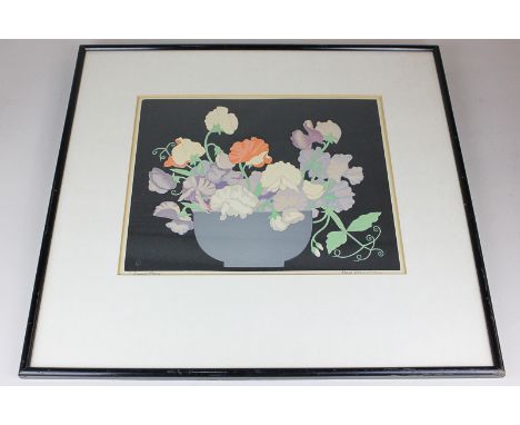 John Hall Thorpe (1874-1947), still life of flowers in a bowl, woodcut print, inscribed in pencil 'Sweet Peas', signed, 25cm 